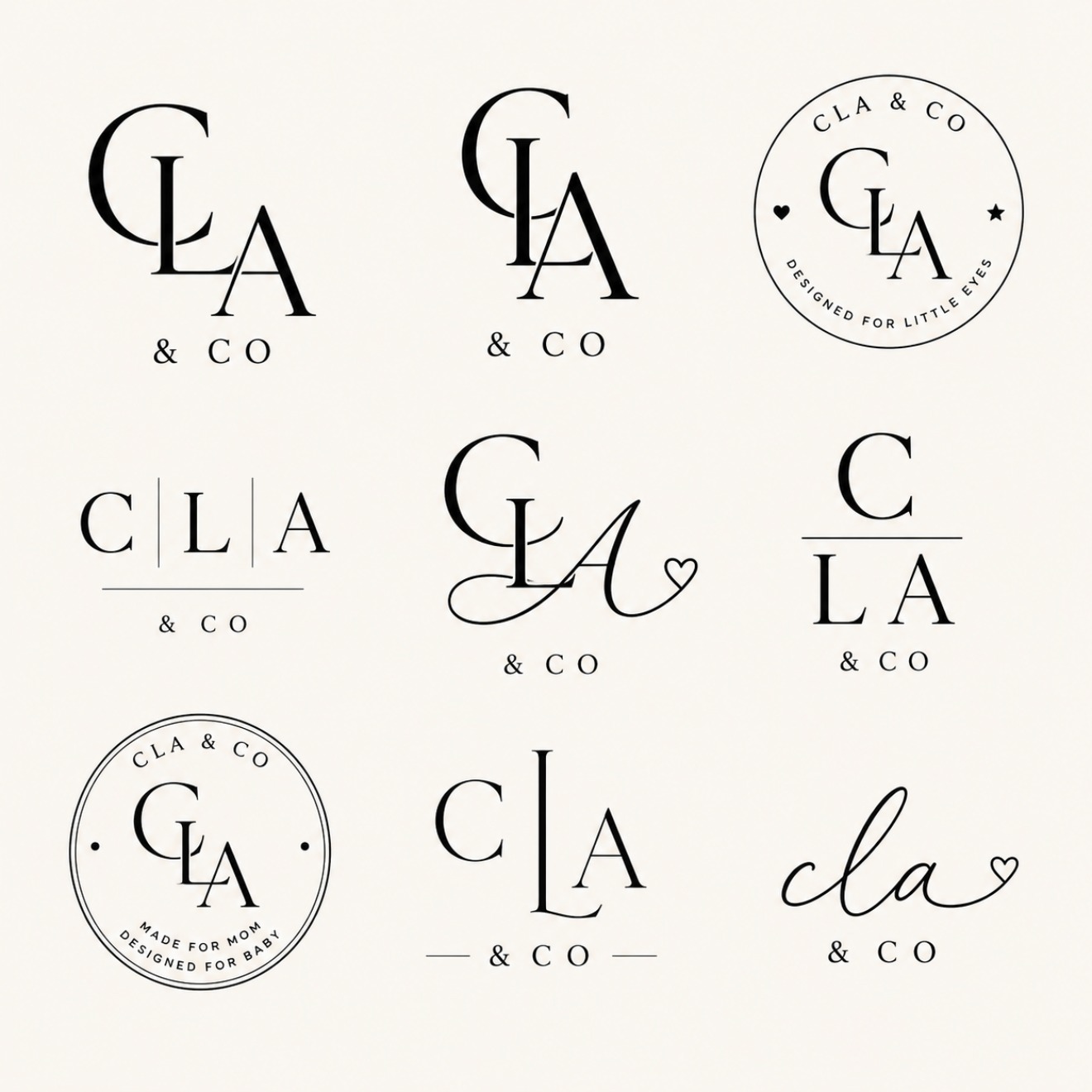 Nine CLA & Co monogram logo explorations in black serif type